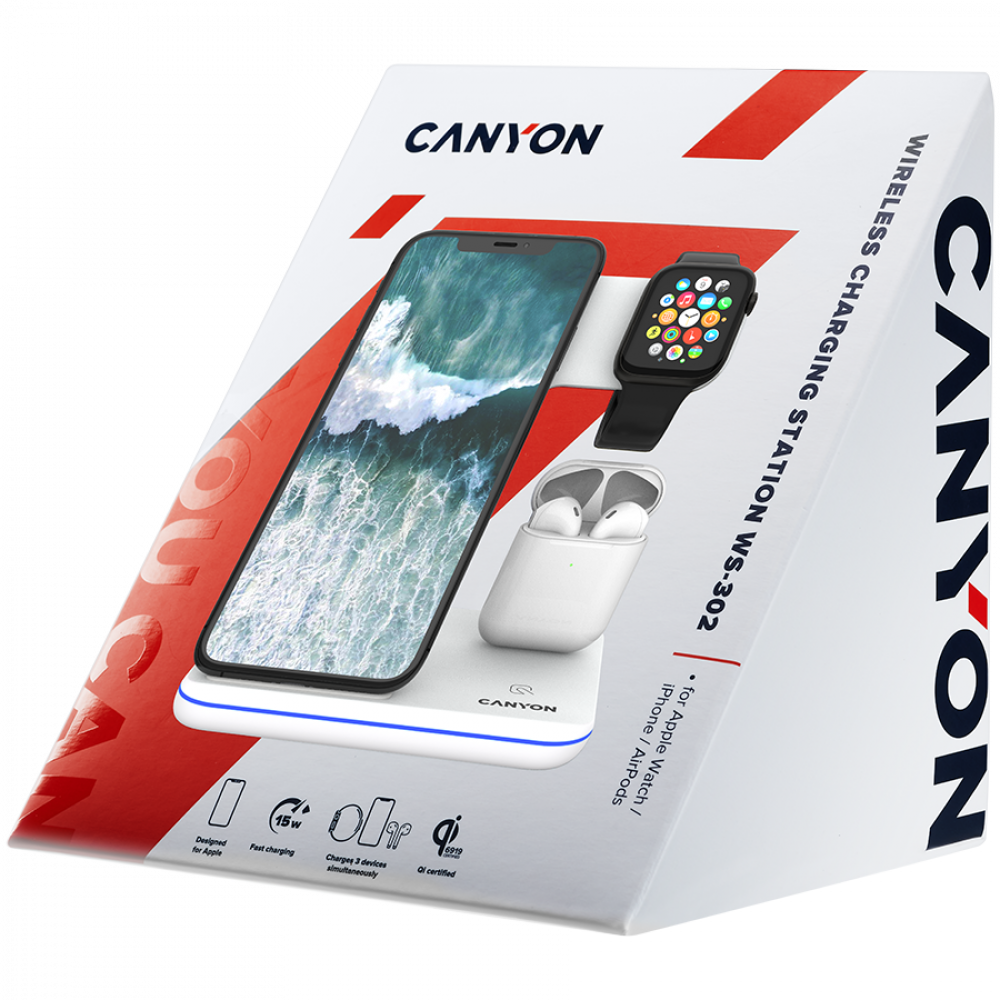 Canyon WS-302 15W 3-in-1 Wireless Charger for Phone, White