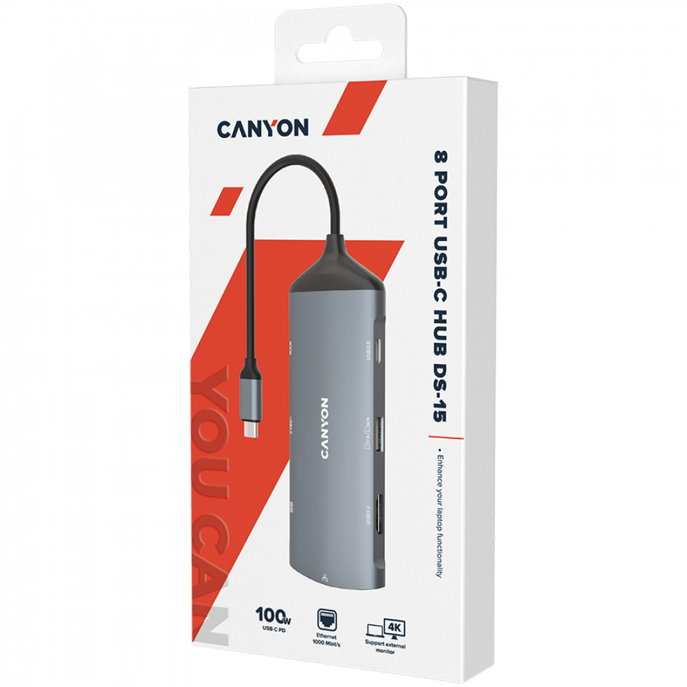 Canyon DS-15 8-in-1 4K USB-C Docking Station - Grey