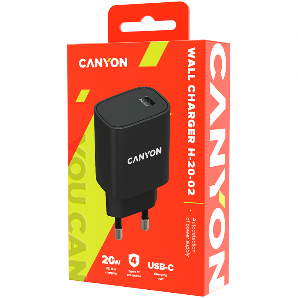 Canyon H-20-02 20W USB-C PD Wall Charger for Phone, black