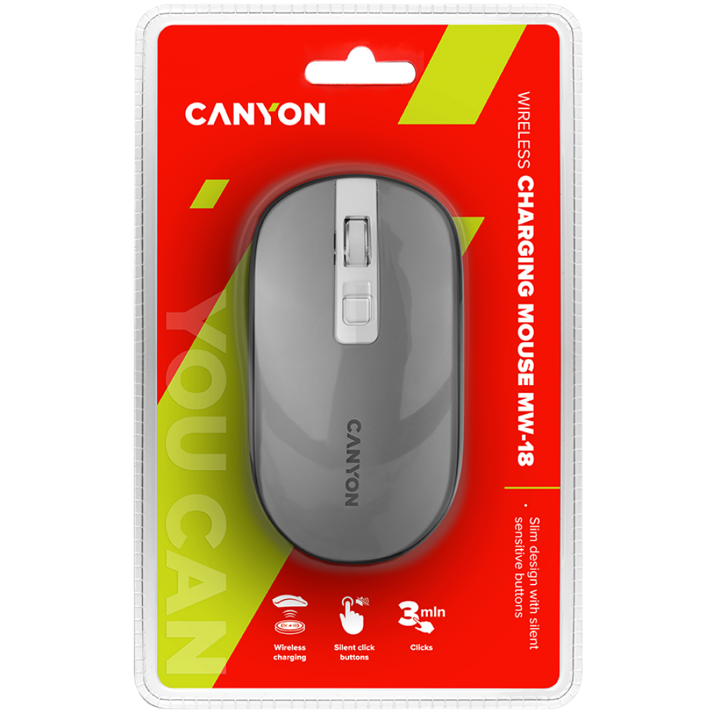 Mysz bezprzewodowa akumulatorowa ergonomiczna Canyon MW-18 ciemnoszara