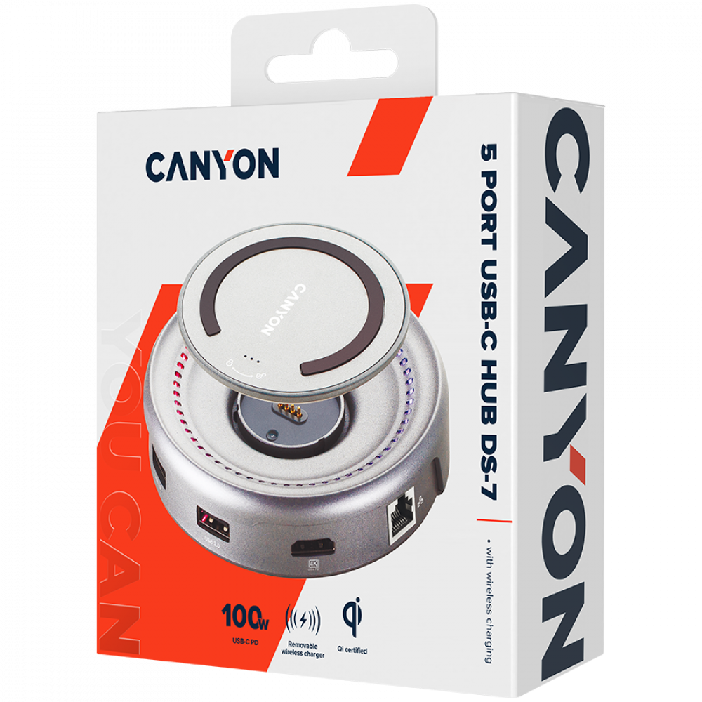 USB-C-Hub 7-in-1 mit Qi-Ladefunktion Canyon DS-7 Grau