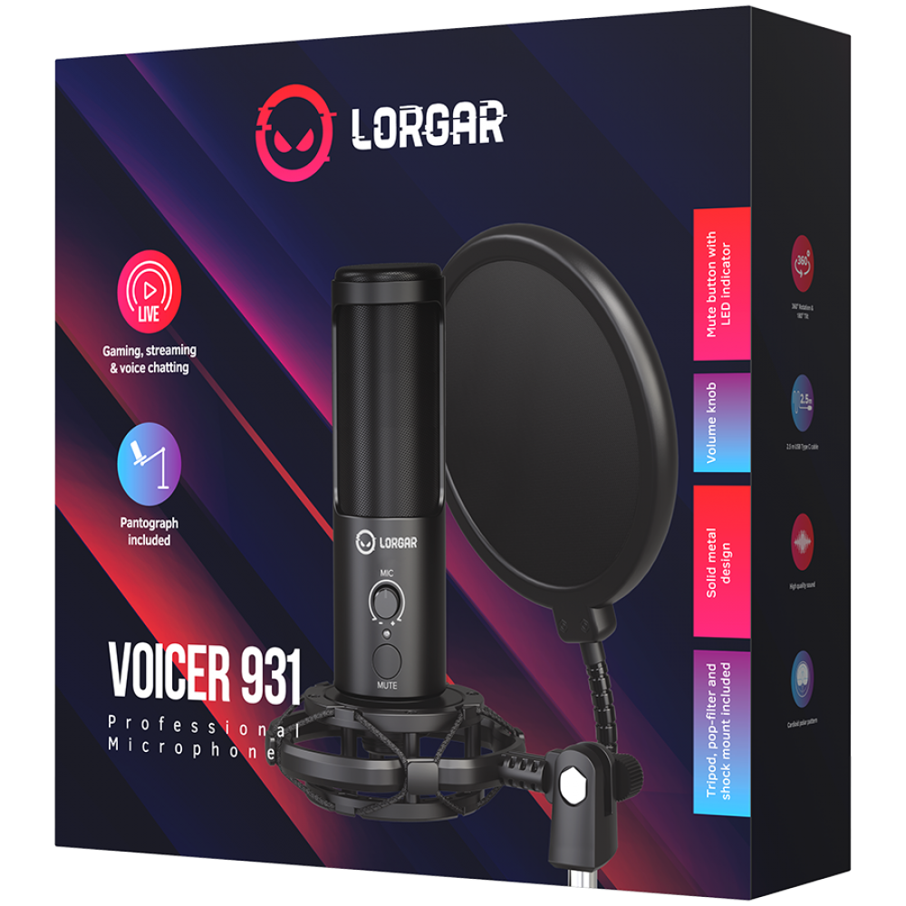 Lorgar Voicer 931 Black USB Gaming Microphone with Stand