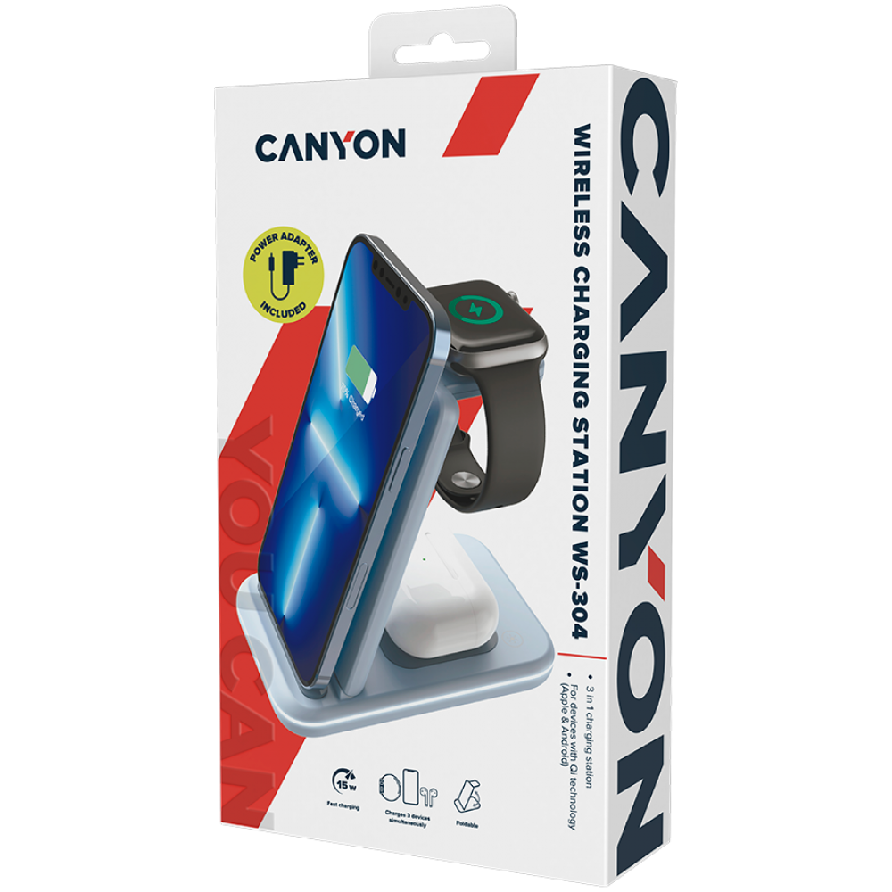 Canyon WS-304 3-in-1 15W Wireless Charger Blue