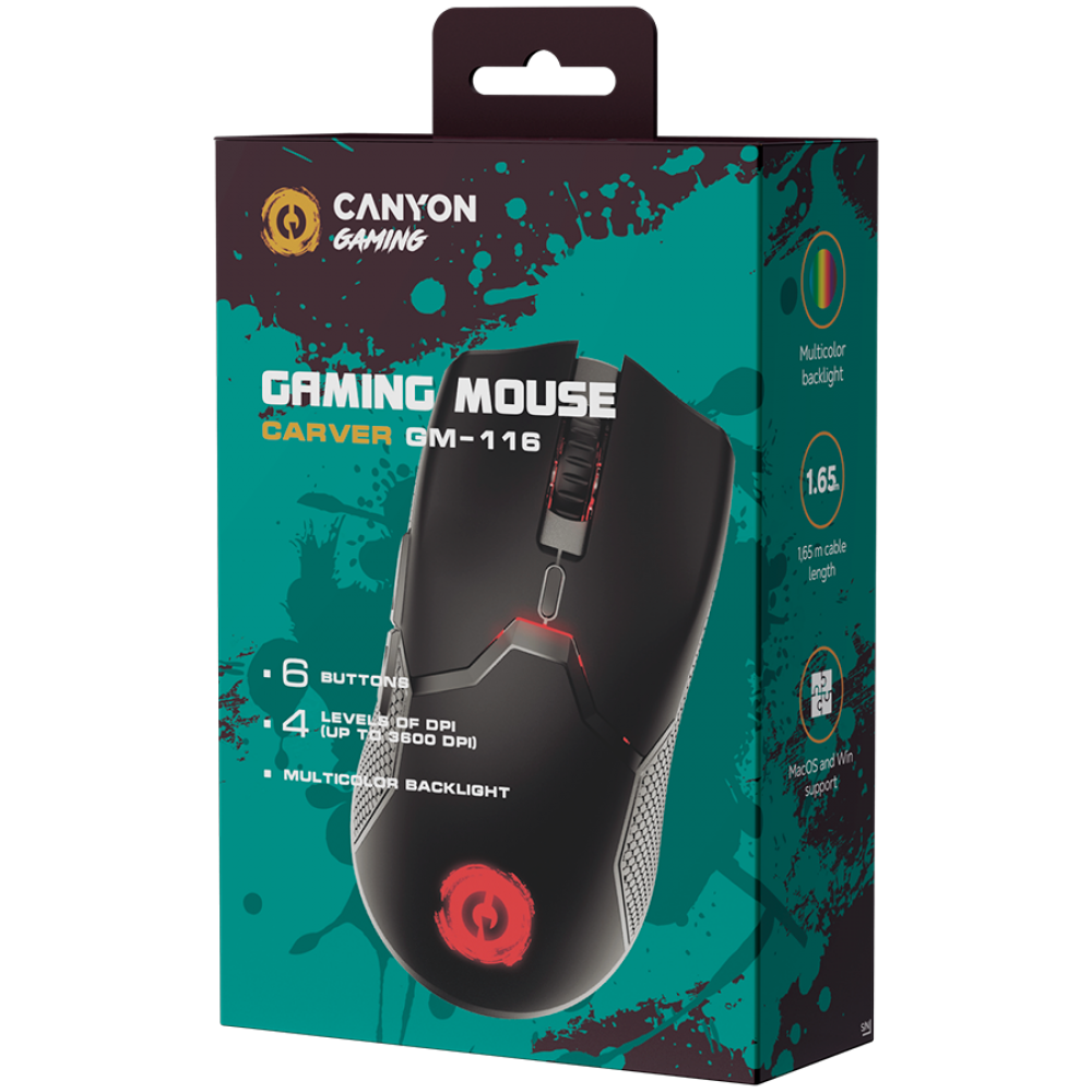 Mysz gamingowa przewodowa Canyon GM 116 czarna, 6 przycisków