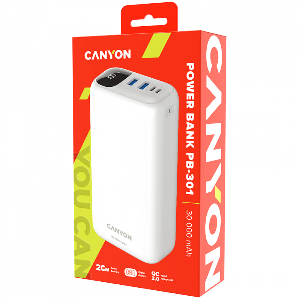 Powerbank 30000 mAh PD 20W QC 3.0 mit LED Canyon PB-301 weiß