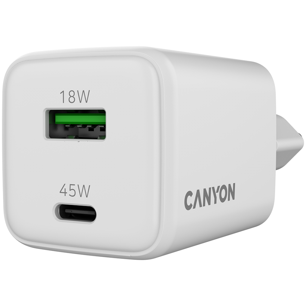 GaN-Netzladegerät 45 W 1xPD 1xQC EU Canyon CU45AC weiß