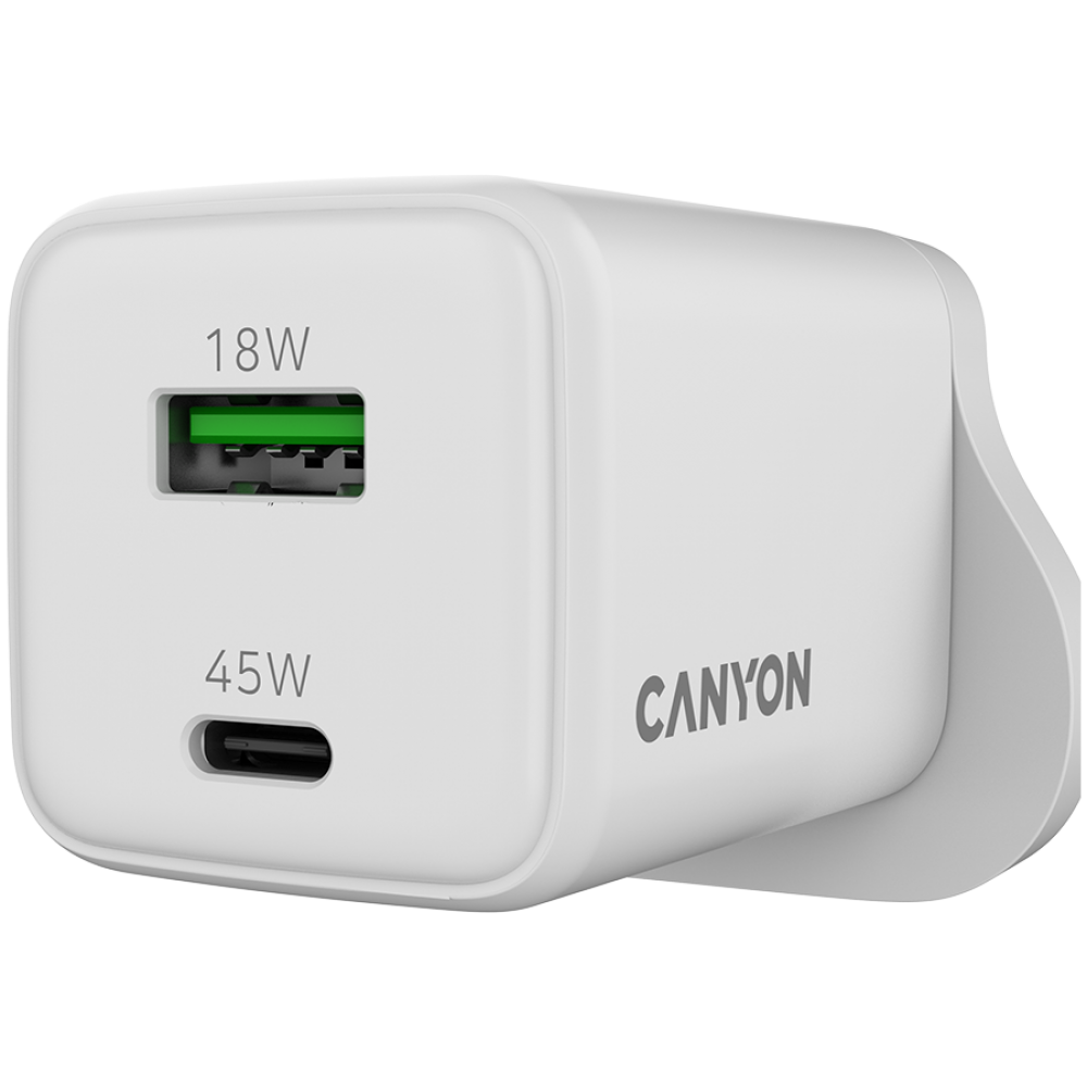 Ładowarka sieciowa 45W GaN 1xPD 1xQC UK Canyon CU45AC biała