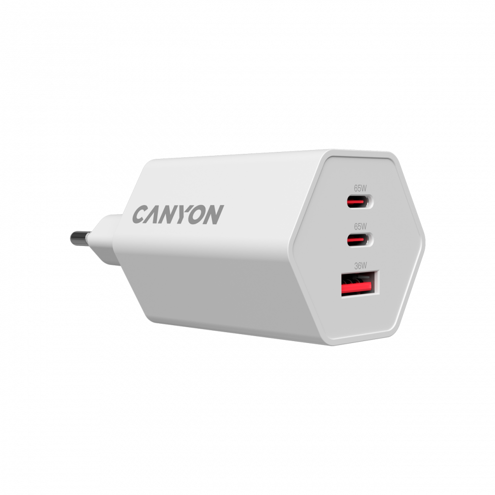 Ładowarka sieciowa 65W 2xPD 1xQC GaN Canyon Hexagon biała