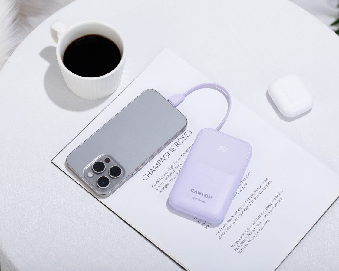 Powerbank 10000 mAh PD 22.5W mit Kabel Canyon OnPower 101 lila