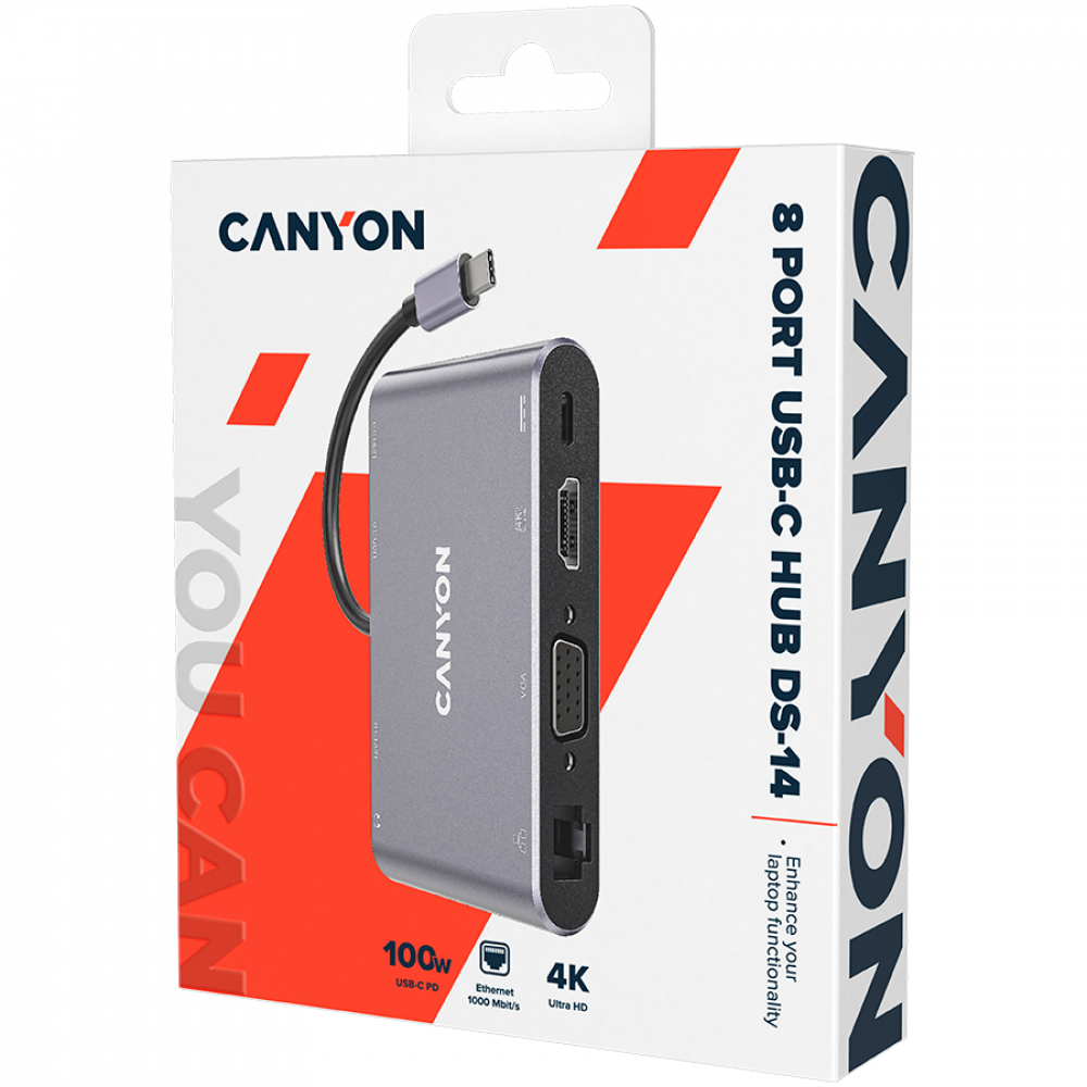 Hub 8 w 1 4K USB-C przenośny Canyon DS-14 szary