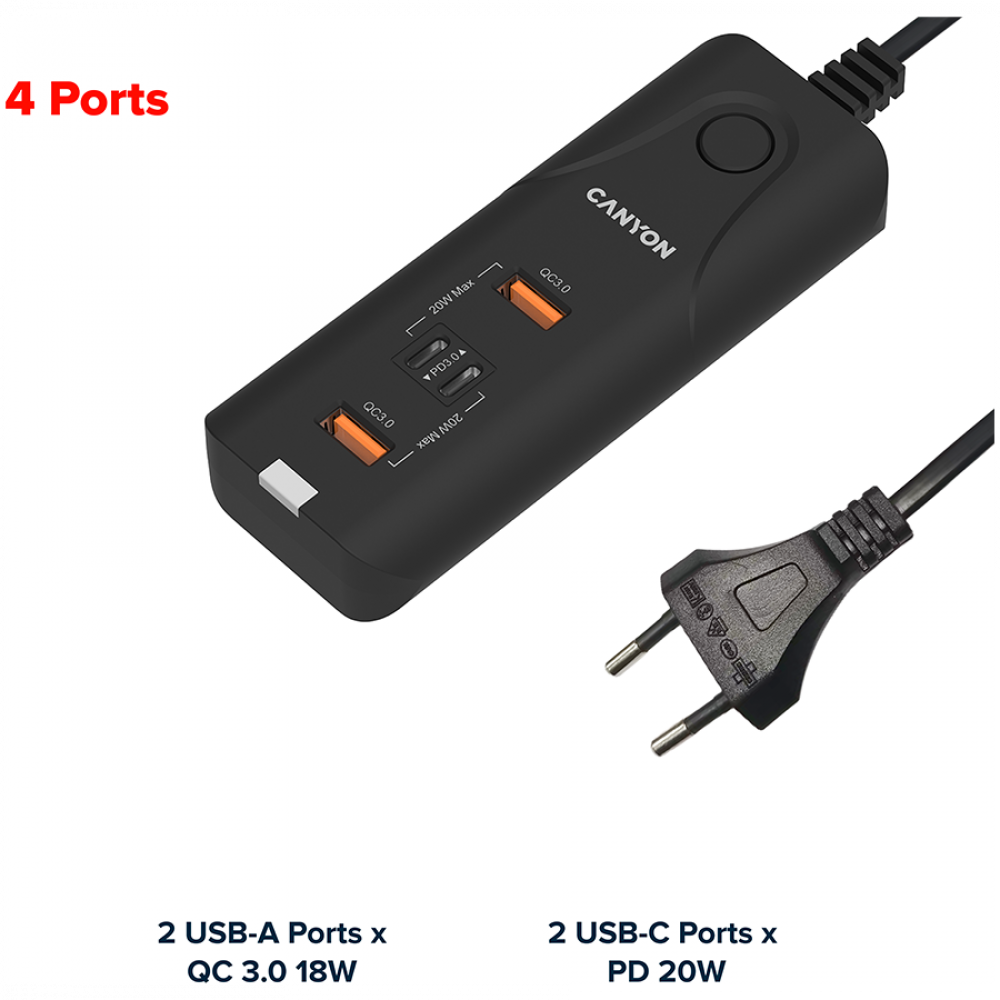 Ładowarka sieciowa 20W PD QC3.0 2×USB-A 2×USB-C Canyon H-10 czarna