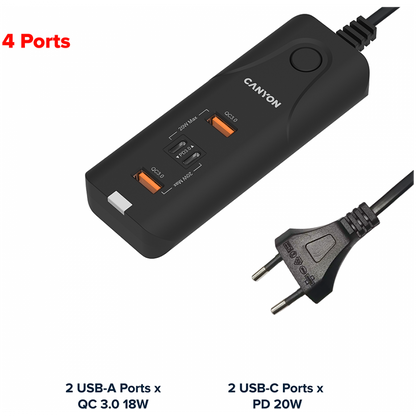 Ładowarka sieciowa 20W PD QC3.0 2×USB-A 2×USB-C Canyon H-10 czarna