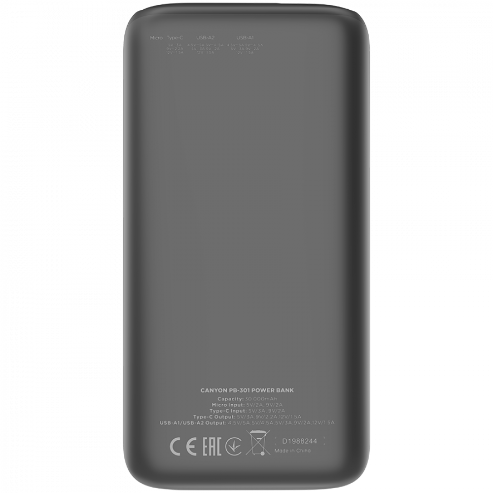 Power bank 30000 mAh PD 20W QC 3.0 LED Canyon PB 301 black
