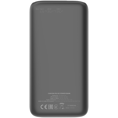 Power bank 30000 mAh PD 20W QC 3.0 LED Canyon PB 301 black