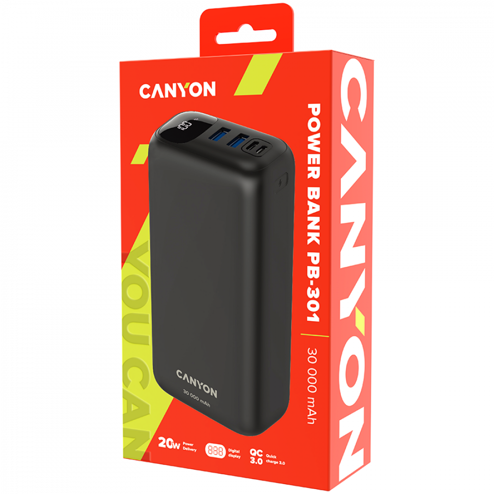 Power bank 30000 mAh PD 20W QC 3.0 LED Canyon PB 301 black