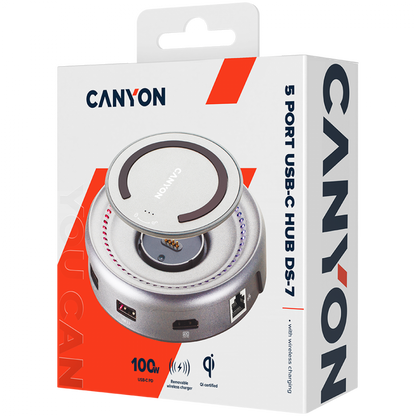 USB-C-Hub 7-in-1 mit Qi-Ladefunktion Canyon DS-7 Grau