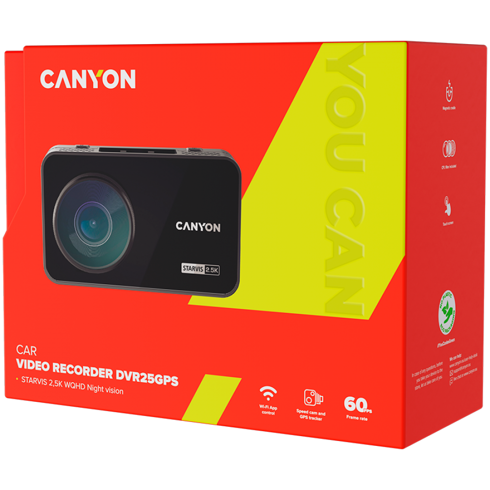 Dash Cam DVR 2.5K 1440p Wi-Fi GPS Canyon DVR25GPS black