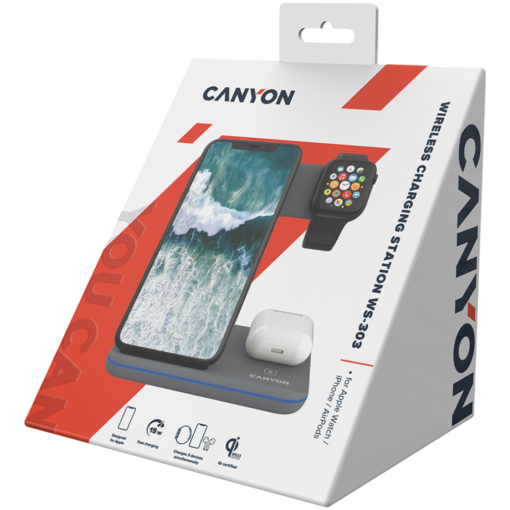 Kabelloses Ladegerät 15 W 3-in-1 Canyon WS-303 Grau