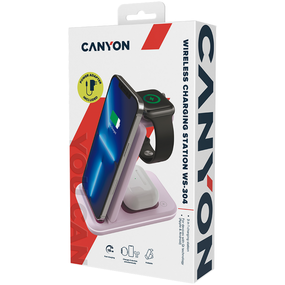 Kabelloses Ladegerät 15W 3-in-1 Canyon WS-304 rosa