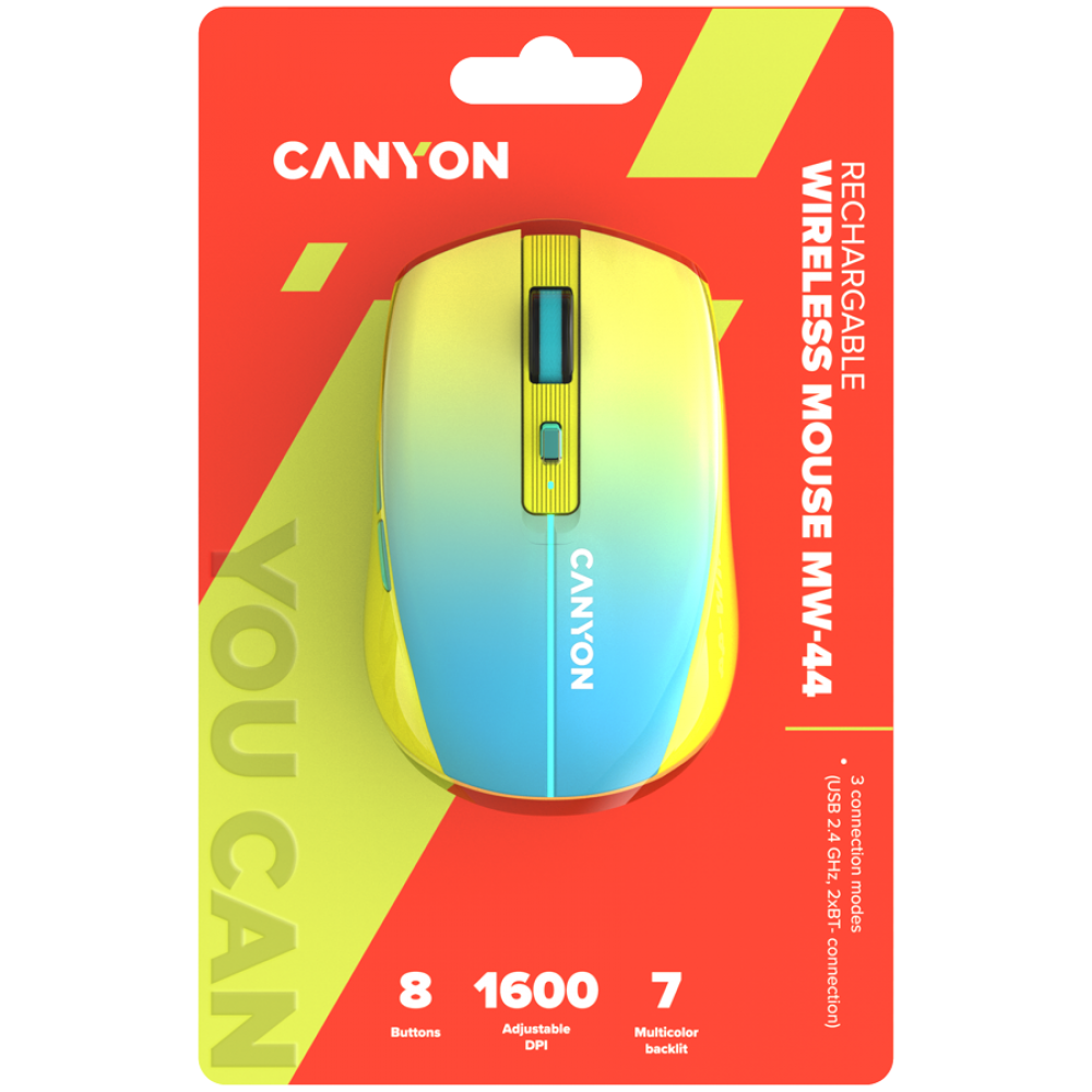 Mysz bezprzewodowa z ładowaniem USB-C Canyon MW-44 żółto-niebieska