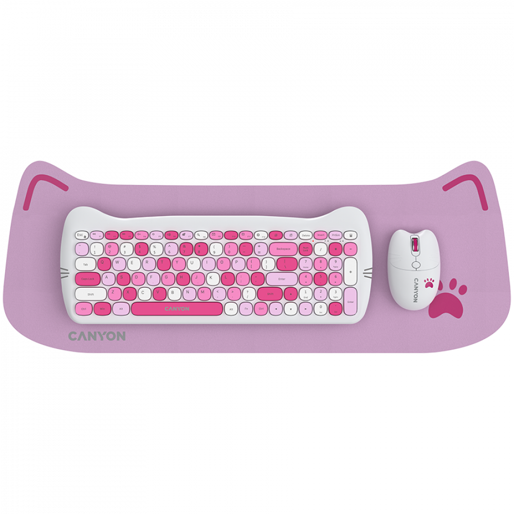 Canyon HSET-W6 Tastatur-Maus-Set mit Katzenmotiv und Mauspad, Pink