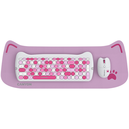 Canyon HSET-W6 Tastatur-Maus-Set mit Katzenmotiv und Mauspad, Pink