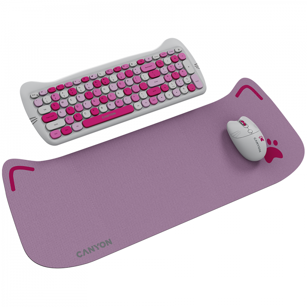 Canyon HSET-W6 Tastatur-Maus-Set mit Katzenmotiv und Mauspad, Pink