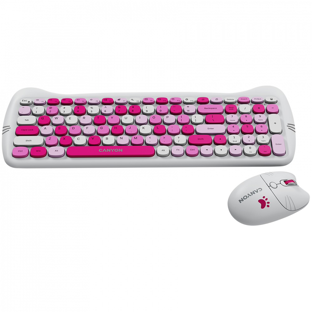 Canyon HSET-W6 Tastatur-Maus-Set mit Katzenmotiv und Mauspad, Pink