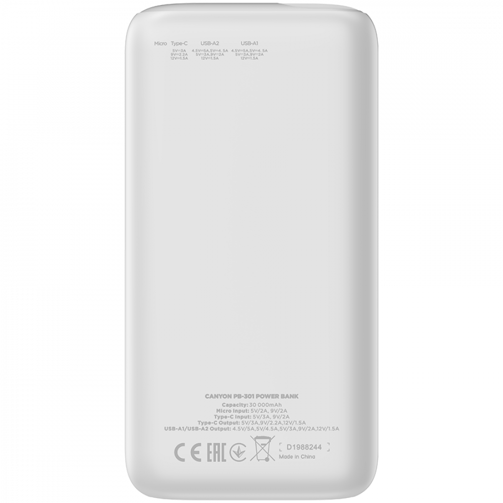 Powerbank 30000 mAh PD 20W QC 3.0 mit LED Canyon PB-301 weiß