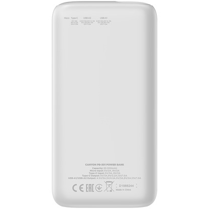 Powerbank 30000 mAh PD 20W QC 3.0 mit LED Canyon PB-301 weiß