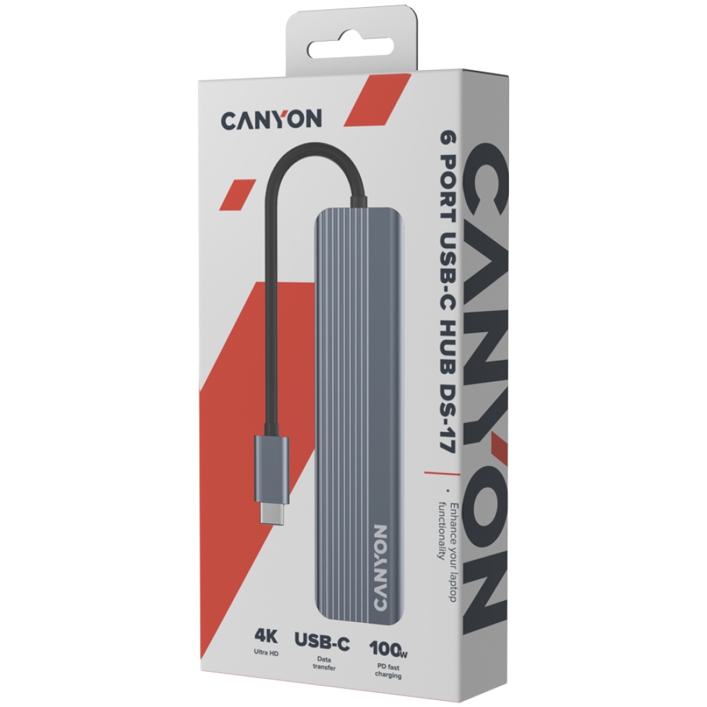 Canyon DS-17 6-in-1 4K USB-C Docking Station, Grey