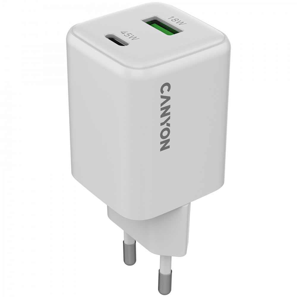GaN-Netzladegerät 45 W 1xPD 1xQC EU Canyon CU45AC weiß