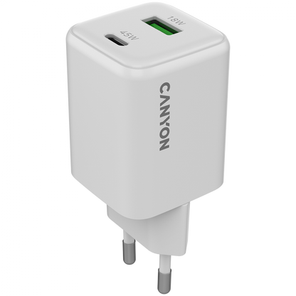 GaN-Netzladegerät 45 W 1xPD 1xQC EU Canyon CU45AC weiß
