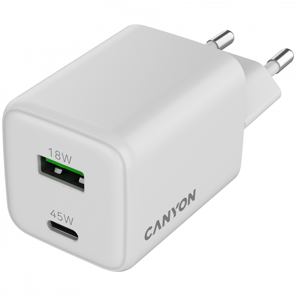 GaN-Netzladegerät 45 W 1xPD 1xQC EU Canyon CU45AC weiß