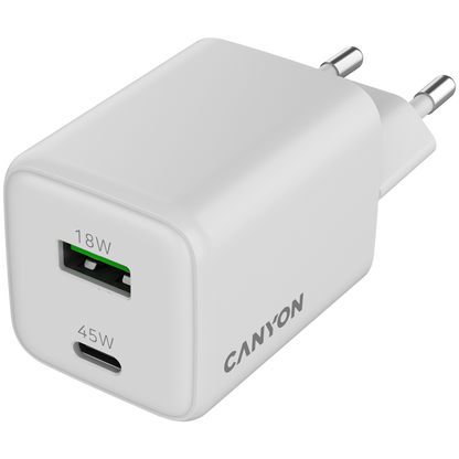 GaN-Netzladegerät 45 W 1xPD 1xQC EU Canyon CU45AC weiß