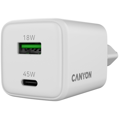 GaN-Netzladegerät 45 W 1xPD 1xQC EU Canyon CU45AC weiß