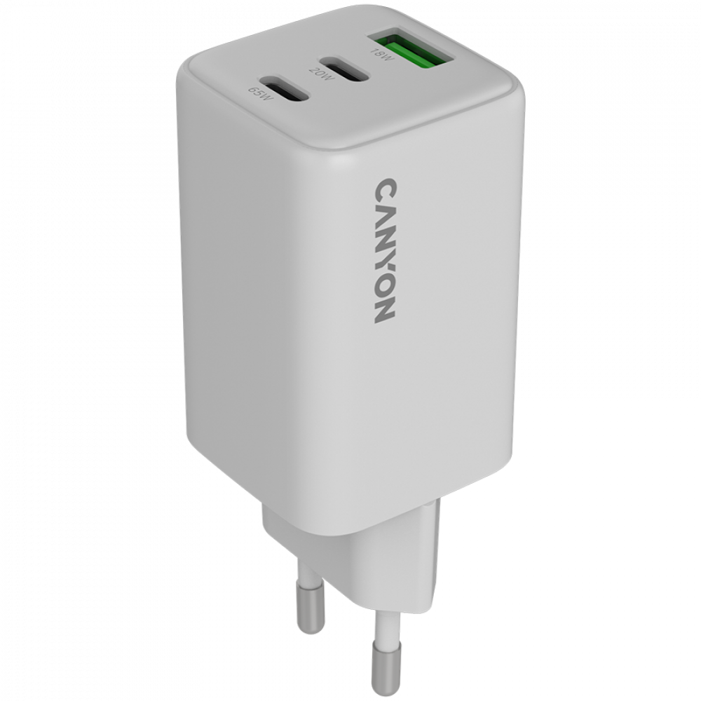 GaN-Netzladegerät 65 W 2xPD 1xQC EU Canyon CU65ACC weiß