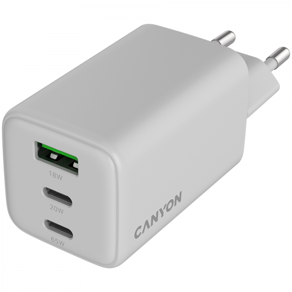 GaN-Netzladegerät 65 W 2xPD 1xQC EU Canyon CU65ACC weiß