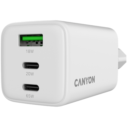 GaN-Netzladegerät 65 W 2xPD 1xQC EU Canyon CU65ACC weiß