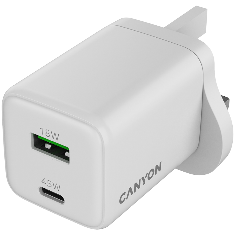Ładowarka sieciowa 45W GaN 1xPD 1xQC UK Canyon CU45AC biała