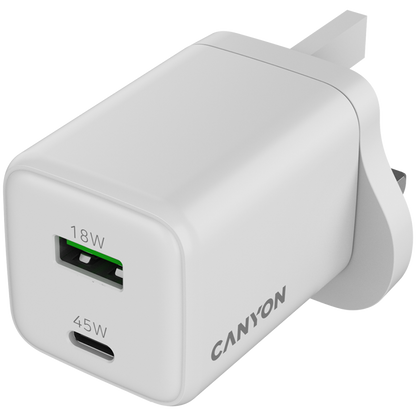 Ładowarka sieciowa 45W GaN 1xPD 1xQC UK Canyon CU45AC biała