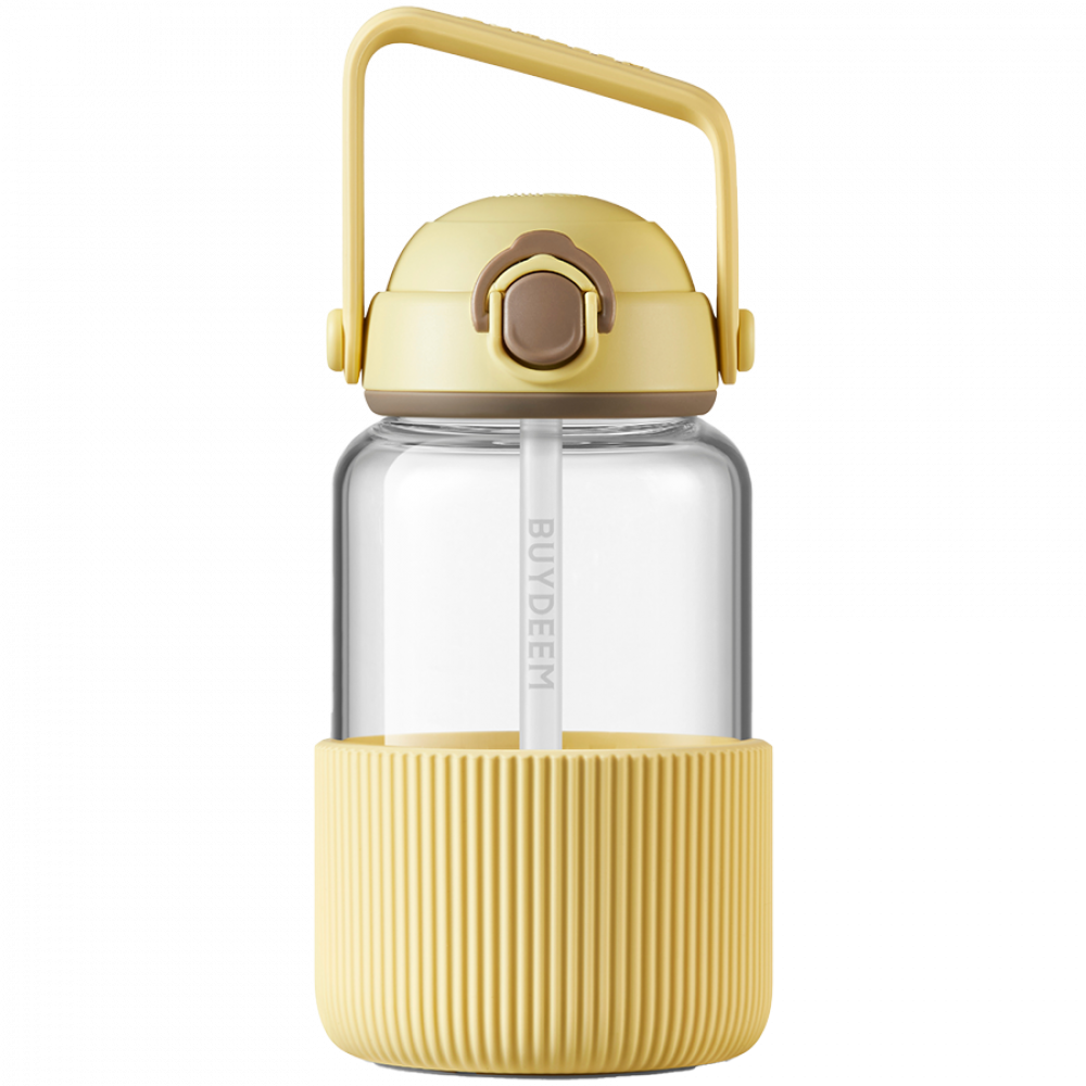 Buydeem DG710 1L Glass Bottle with Straw, Pastel Yellow