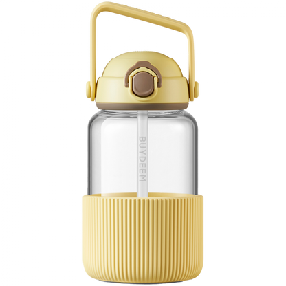 Buydeem DG710 1L Glass Bottle with Straw, Pastel Yellow