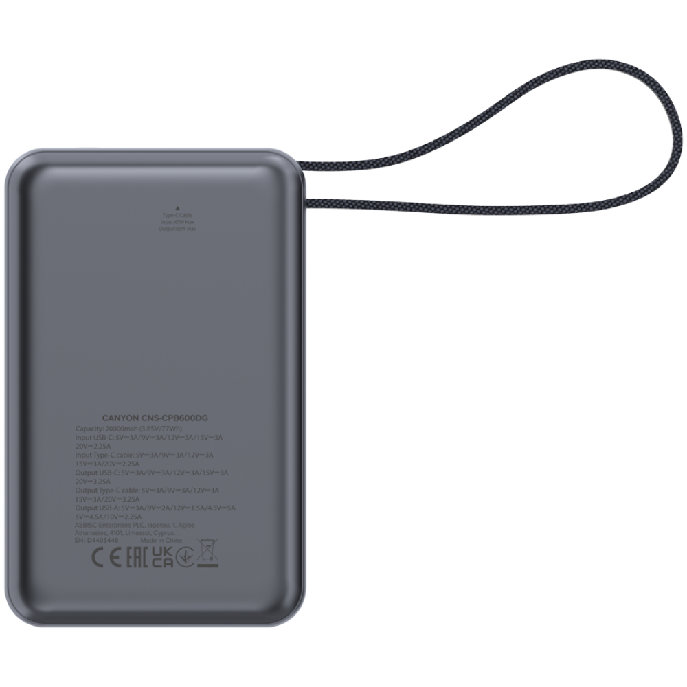 Powerbank 20000 mAh PD 65W z kablem Canyon OnPower 600 grafitowy