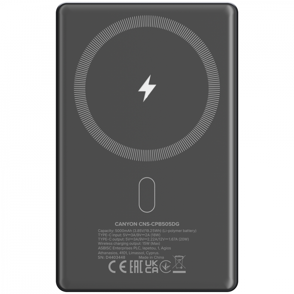 Canyon OnPower 505 Graphite 5000 mAh PD 20W Slim Magsafe Power Bank
