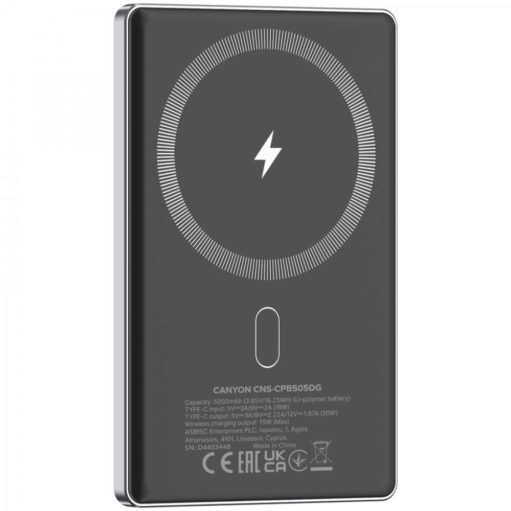 Canyon OnPower 505 Graphite 5000 mAh PD 20W Slim Magsafe Power Bank