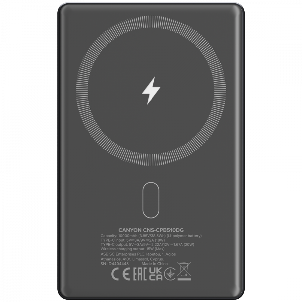 Powerbank 10000 mAh PD20W slim Magsafe Canyon OnPower 510 grau