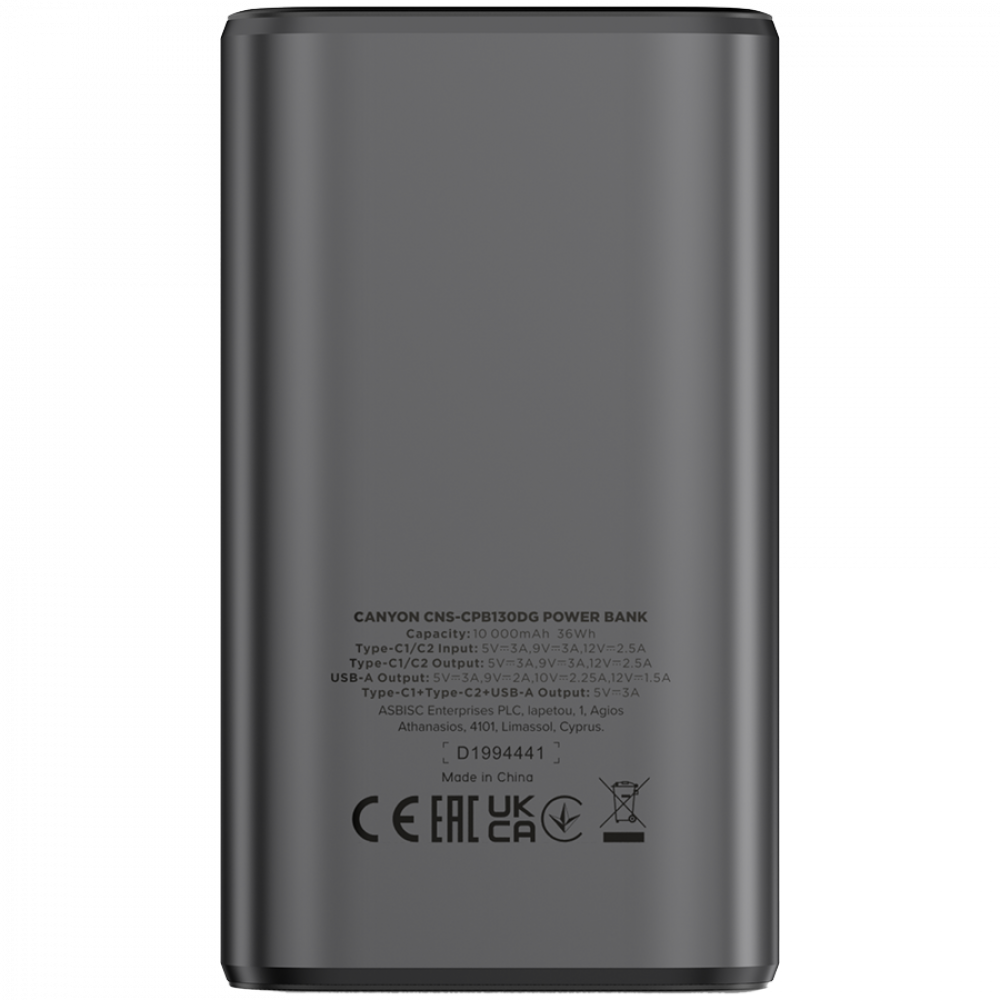 Powerbank 10000 mAh PD 30W TFT tragbar Canyon OnPower 130 Graphit