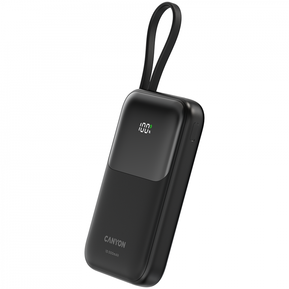 Canyon OnPower 101 10000 mAh 22.5W PD Power Bank with Cable, Black