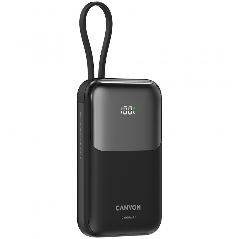 Canyon OnPower 101 10000 mAh 22.5W PD Power Bank with Cable, Black